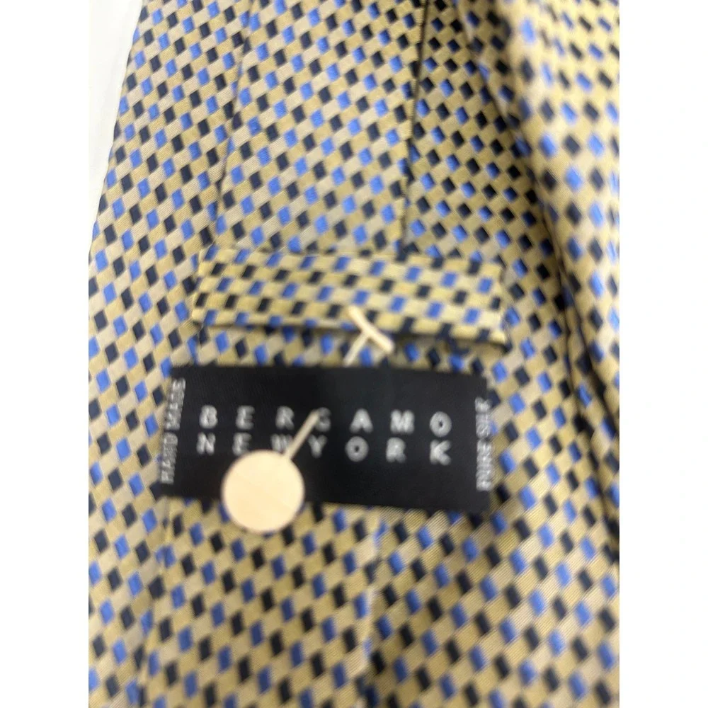 Bergamo New York Pure Silk Tie Vintage Geometric Blue Taupe Handmade Necktie
